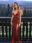 Deep V-neck Spaghetti Straps Burgundy Sequin Long Mermaid Evening Prom Dresses, Cheap Custom Prom Dresses, MR8151
