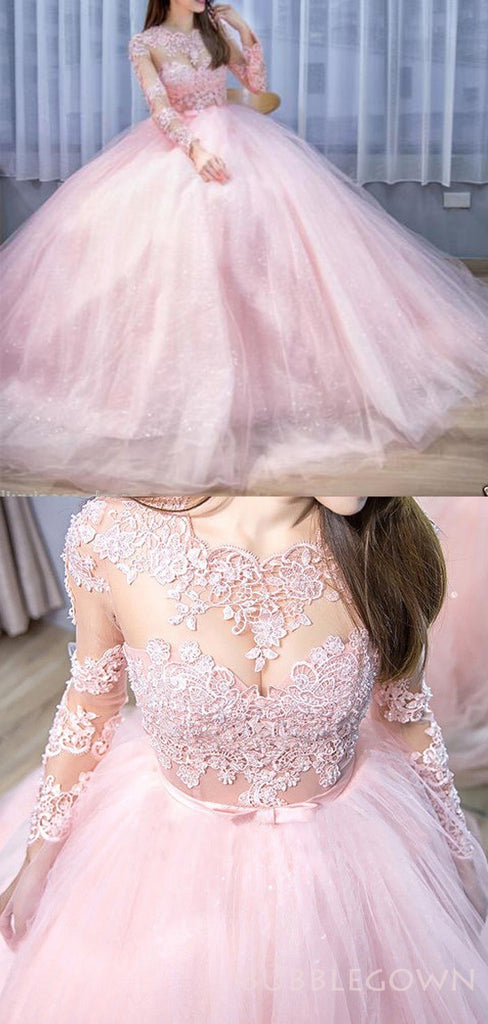 Long Sleeves Pink Tulle Appliques High Neck Long A-line Evening Prom Dresses, Pink Wedding Dresses, MR8157