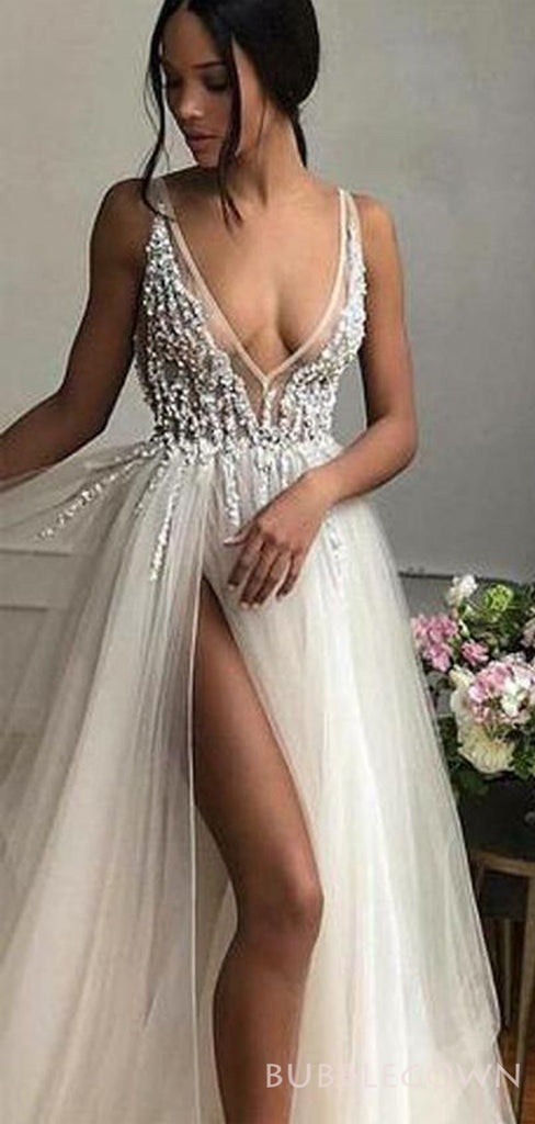 A-line Deep V-neck Tulle High Slit Long Beaded Evening Prom Dresses, MR8159