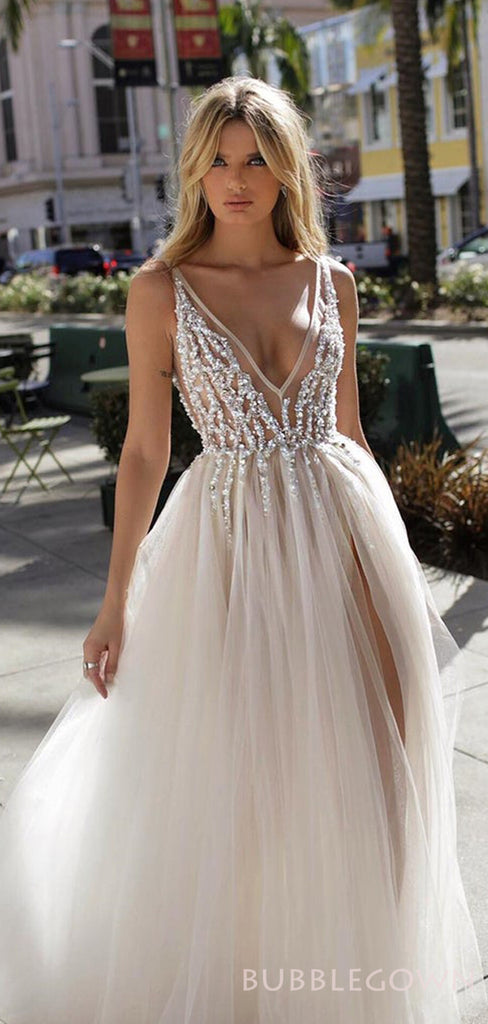 A-line Deep V-neck Tulle High Slit Long Beaded Evening Prom Dresses, MR8159