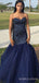 Mermaid Navy Blue Tulle Beaded Strapless Long Sweetheart Evening Prom Dresses, MR8164