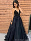 Black Tulle Beaded A-line Spaghetti Straps Long Evening Prom Dresses, MR8169