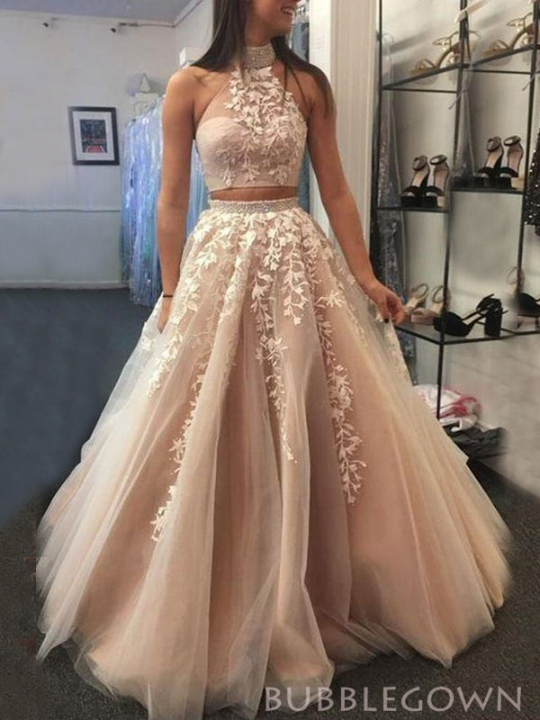 Two Pieces Champagne Tulle Appliques Beaded Long Evening Prom Dresses, Halter Custom Prom Dress, MR8189