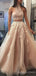 Two Pieces Champagne Tulle Appliques Beaded Long Evening Prom Dresses, Halter Custom Prom Dress, MR8189