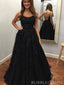A-line Black Tulle Appliques Long Evening Prom Dresses, Spaghetti Straps Custom Prom Dress, MR8195