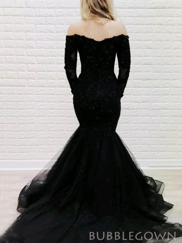 Black Tulle Mermaid Appliques Long Evening Prom Dresses, Off Shoulder Long Sleeves Custom Dress, MR8197