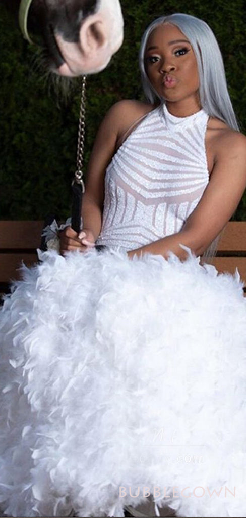 High-low White Sequin Long Halter Evening Prom Dresses with feather, Custom Prom Dress, MR8209