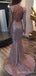 High Neck Rose Gold Long Mermaid Evening Prom Dresses, Long Sleeves Sparkly Custom Prom Dress, MR8227