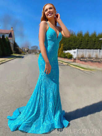 Spaghetti Straps Blue Lace Long Evening Prom Dresses, Mermaid Custom Prom Dress, MR8233
