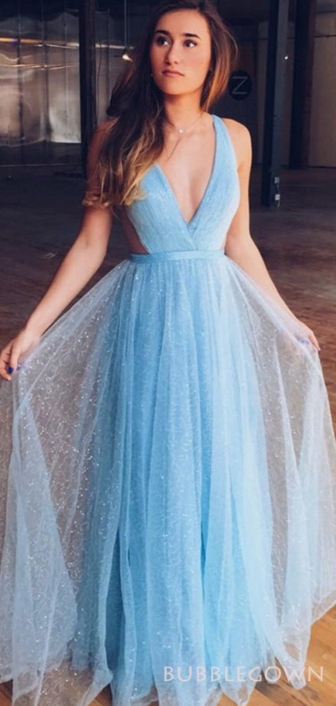 Sky Blue Tulle Sparkly Long Evening Prom Dresses, A-line Custom Prom Dress, MR8268
