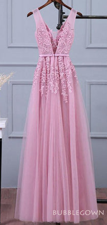 A-line Pink Tulle Appliques Long Evening Prom Dresses, V Neck Custom Prom Dress, MR8270