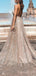 Deep V Neck Gold Sequin Long Evening Prom Dresses, Spaghetti Straps A-line Sparkly Custom Prom Dresses, MR8287