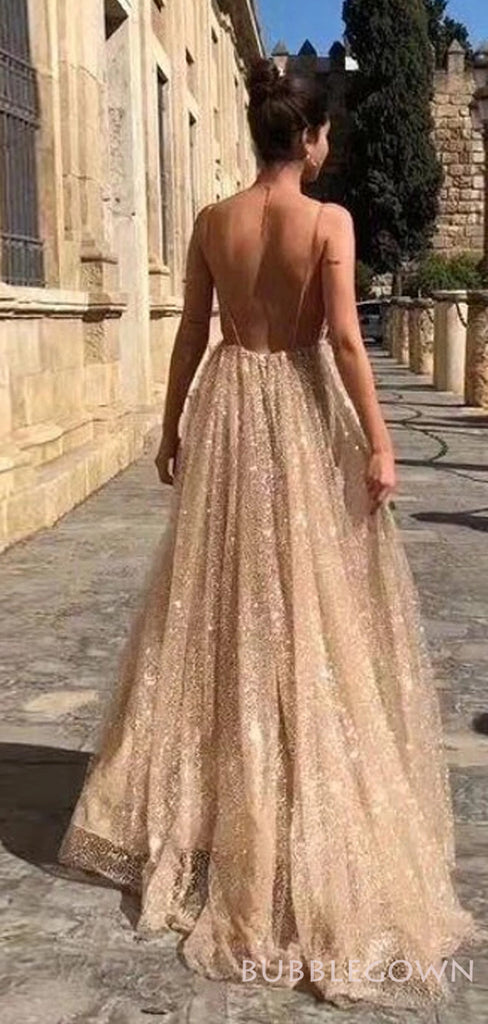Deep V Neck Gold Sequin Long Evening Prom Dresses, Spaghetti Straps A-line Sparkly Custom Prom Dresses, MR8287