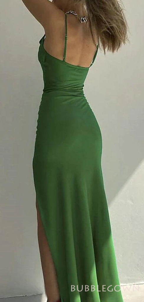 Simple Green Sheath Spaghetti Straps Long Satin Evening Prom Dresses, Custom Mermaid Prom Dresses, MR8302