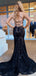 Mermaid Spaghetti Straps Black Lace Long Evening Prom Dresses, Custom Prom Dresses, BGS0001