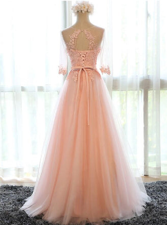Applique Peach Half Sleeves Elegant Tulle Long Prom Dresses, BG51484 - Bubble Gown