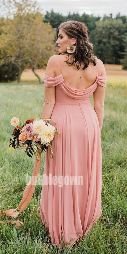 Charming Pink V-neck Spaghetti Strap Chiffon Long Bridesmaid Dresses BMD019