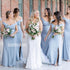 Sky Blue Cap Sleeve Mermaid Side Split Long Bridesmaid Dresses  BMD025