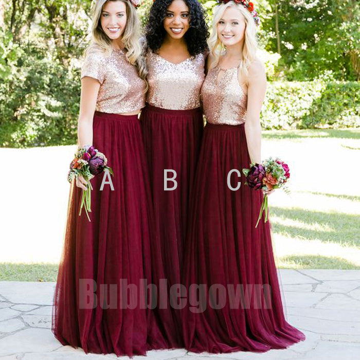 Popular Mismatched Sequin Top Tulle Long Bridesmaid Dresses, BD008