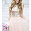 Affordable Short Sleeves Two Pieces Sequin Top Pink Tulle Long Bridesmaid Dresses, BD003