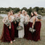 Lace Top Burgundy Two Pieces Romantic Long Wedding Bridesmaid Dresses, BGP290