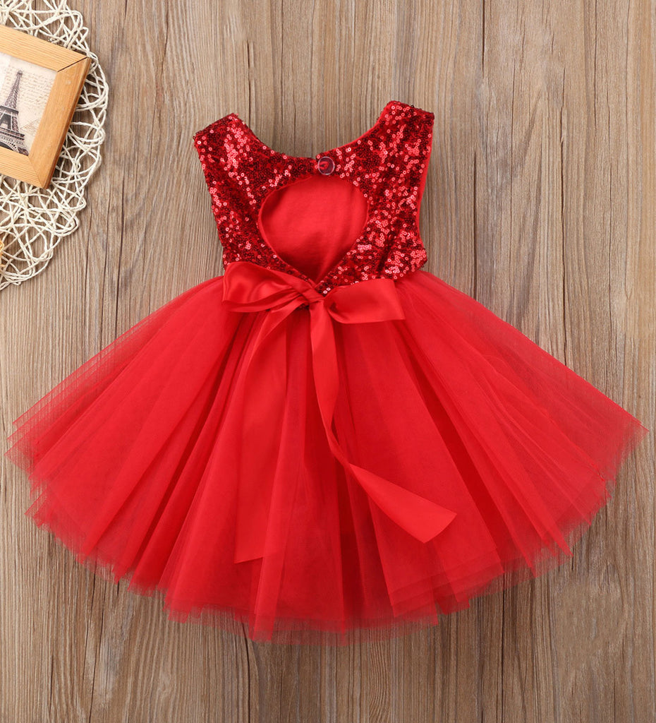 Popular Cute Red Sequin Tulle Short Cheap Flower Girl Dresses, FGS122