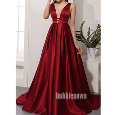 Sexy Burgundy V-neck Stain Long Prom Dresses FP1172