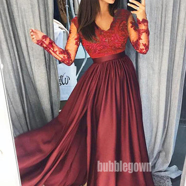 Sexy Lace Long Sleeve Split Side Long Prom Dresses FP1173
