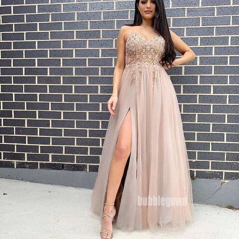 Elegant Blush Pink Applique Split Side Tulle Prom Dresses FP1175