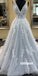 Elegant V-neck Applique Tulle Long Prom Dresses FP1178