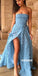 Sexy Blue Strapless Split Side Long Prom Dresses FP1190
