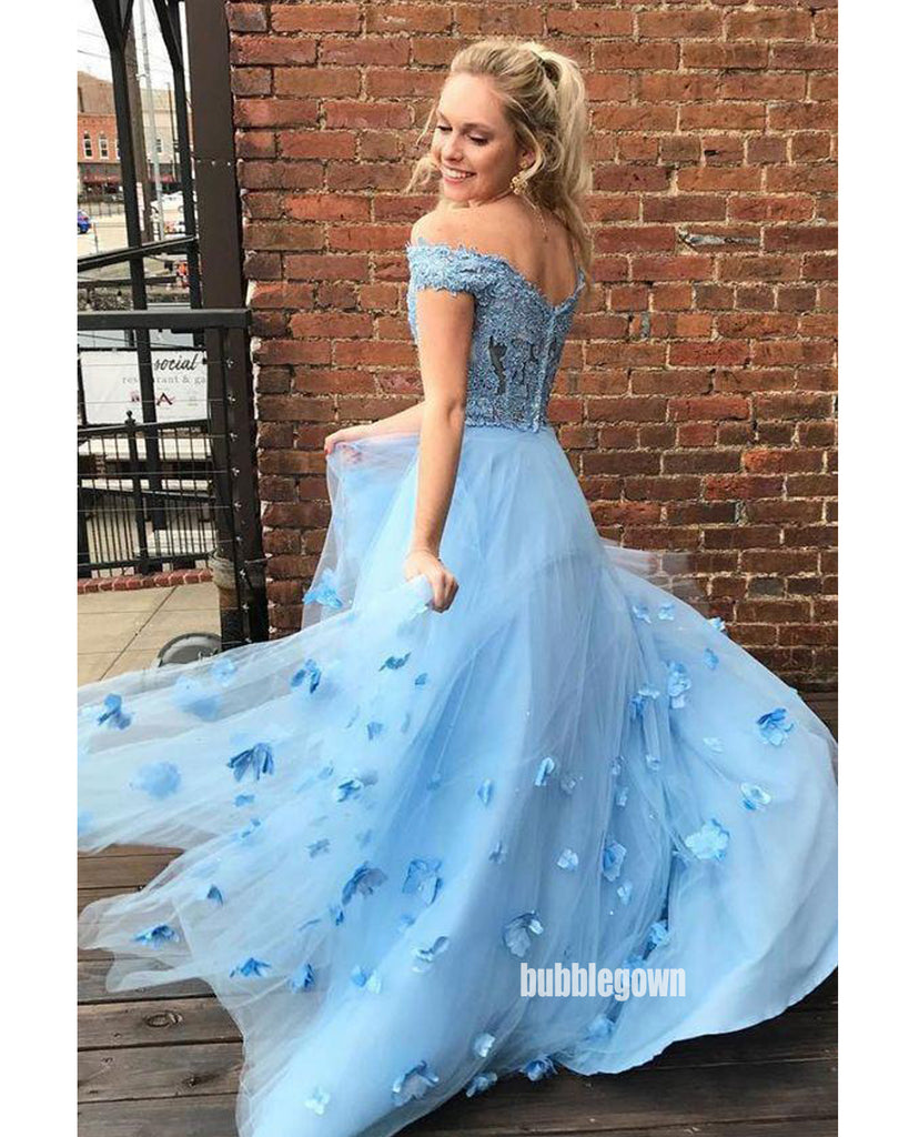 Blue Off Shoulder Lace Two Piece Long Prom Dress with 3D flowers FP1193