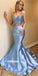 Elegant Blue Spaghetti Strap Two Piece Mermaid Prom Dress  FP1197