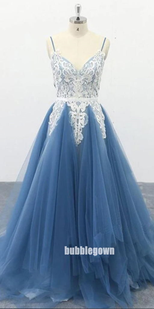 Elegant V-neck Spaghetti Strap Lace Tulle Long Prom Dresses FP1210
