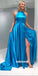 Elegant Blue Halter Side Split Stain Long Prom Dresses FP1211