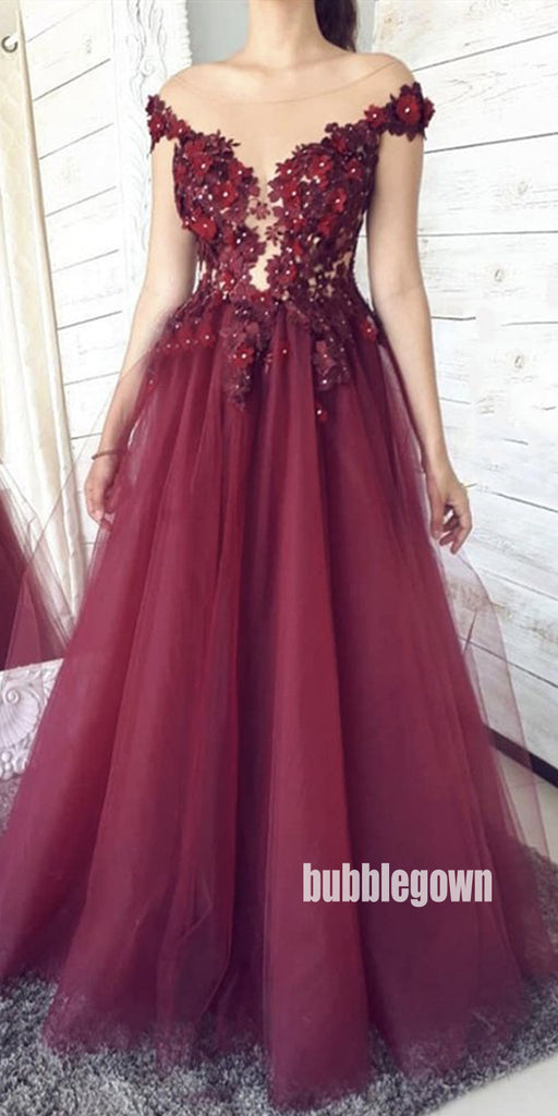 Charming Red Applique Tulle Long Prom Dresses FP1228