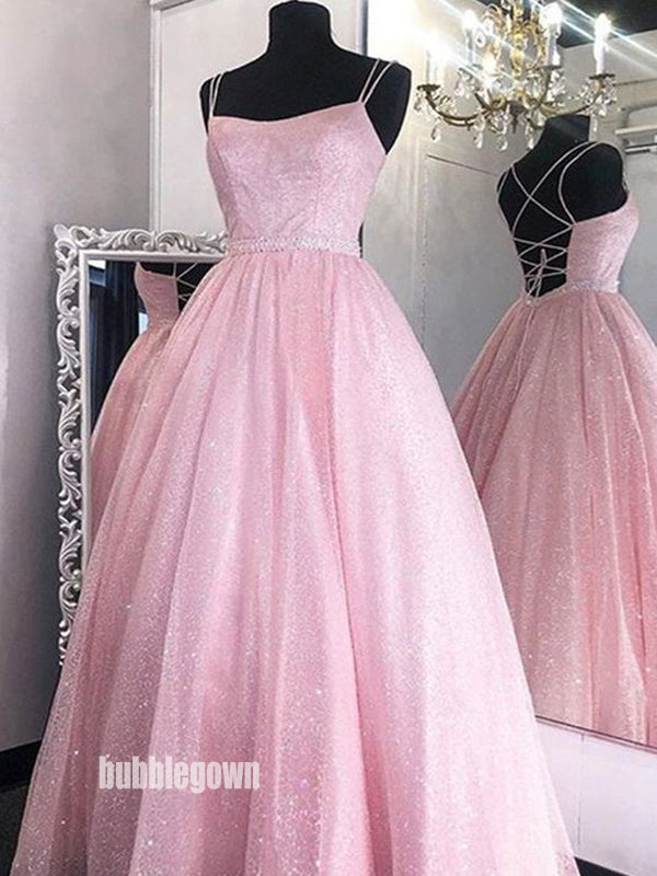 Dazzling Pink Spaghetti Straps Tulle Long Prom Dresses FP1230