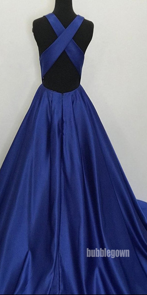 Simple Dark Blue V- neck Stain Long Prom Dresses FP1231