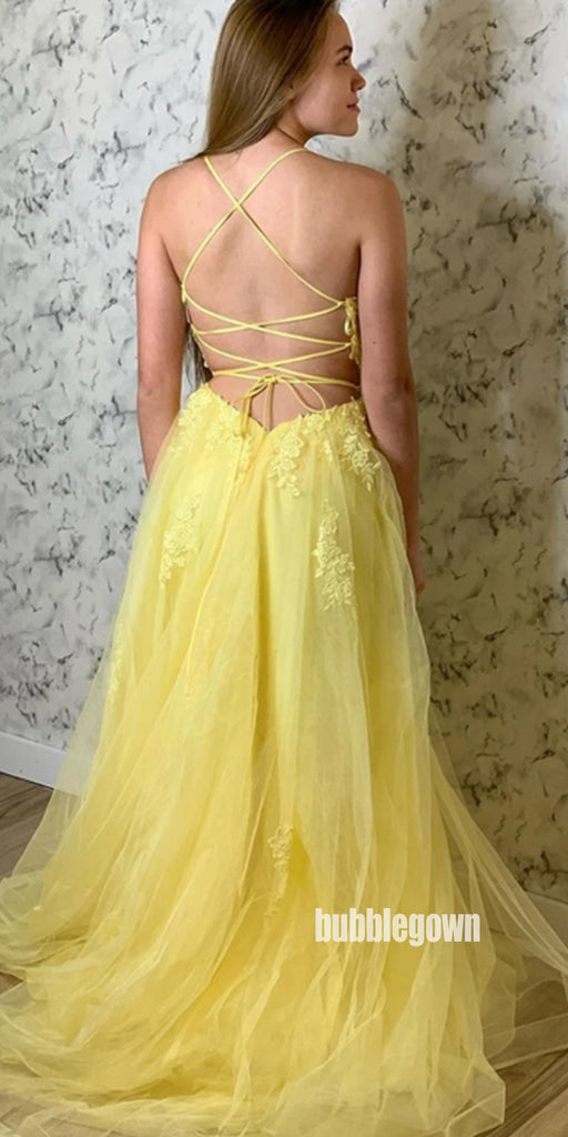 Applique Yellow A-line Tulle Long Prom Dresses FP1234