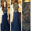 Navy Long Beaded Sleeveless Popular Long Prom Dresses, BG51153