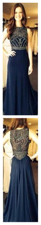 Navy Long Beaded Sleeveless Popular Long Prom Dresses, BG51153