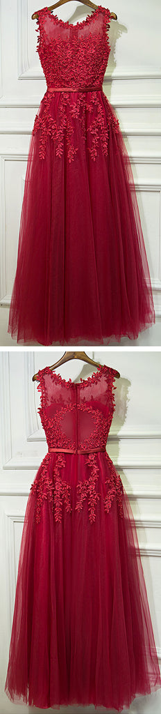 Red Formal Sleeves Tulle Applique Cheap Long Prom Dresses, BGP002