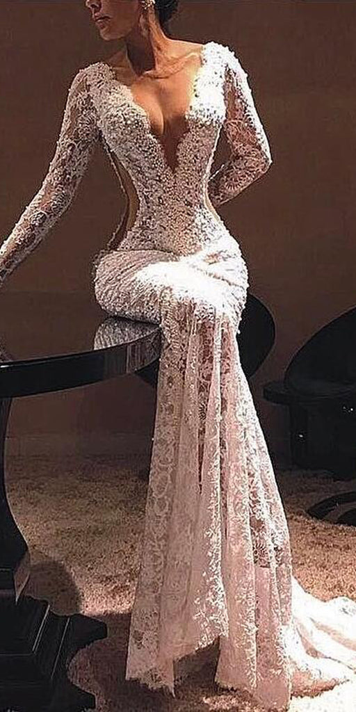 Sexy Long Sleeves Lace Mermaid V Neck Long Prom Dresses, WP004