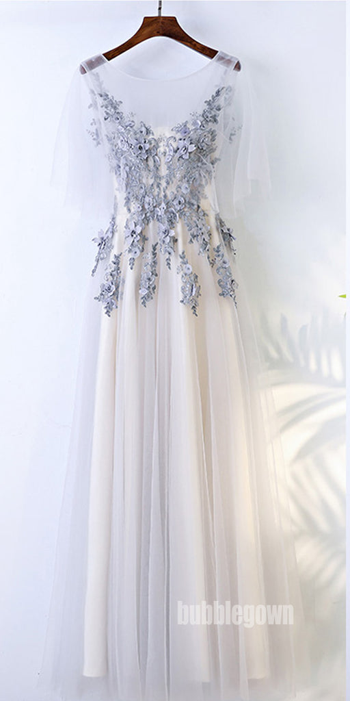 Beautiful Half Sleeves Tulle Applique Elegant Cheap Long Prom Dresses, BGP022