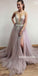 Charming V Neck Side Split Tulle V Back Affordable Long Prom Dress, BGP064