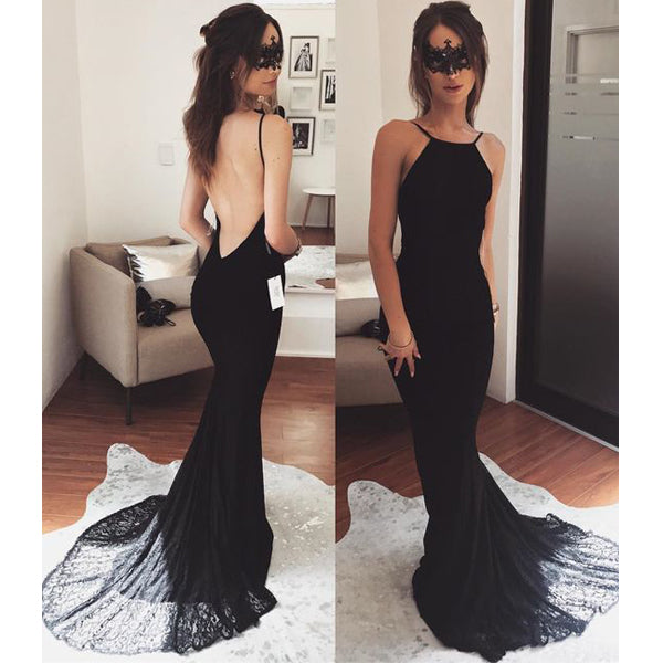 Black Mermaid Open Back Sexy Lace Cheap Long Prom Dresses, BG51202 - Bubble Gown