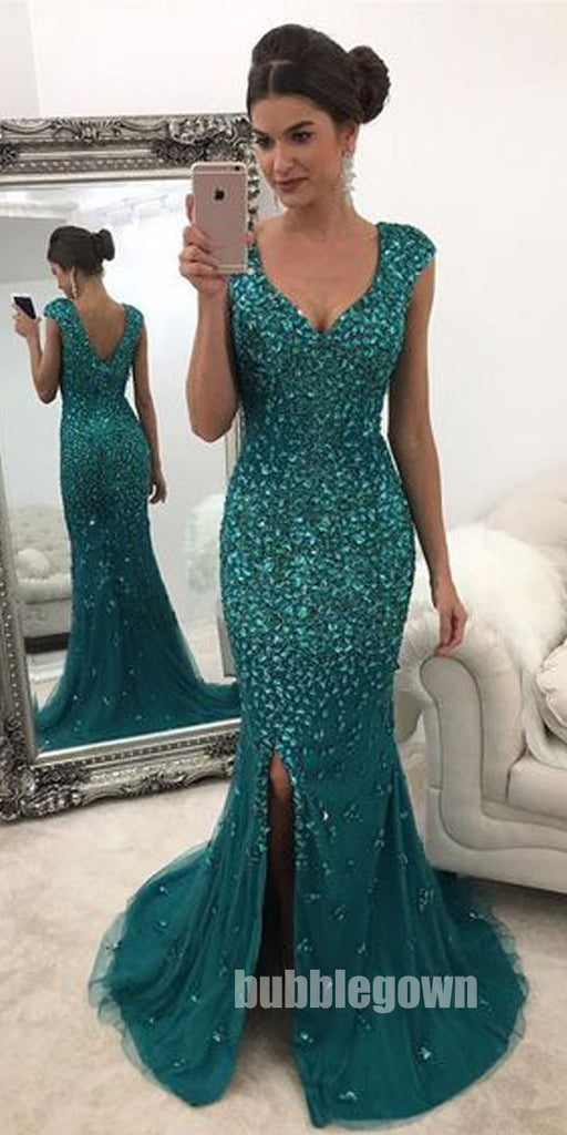 Luxurious Heavy Beaded Sparkle Side Split Mermaid Evening Long Prom Dress, BGP074