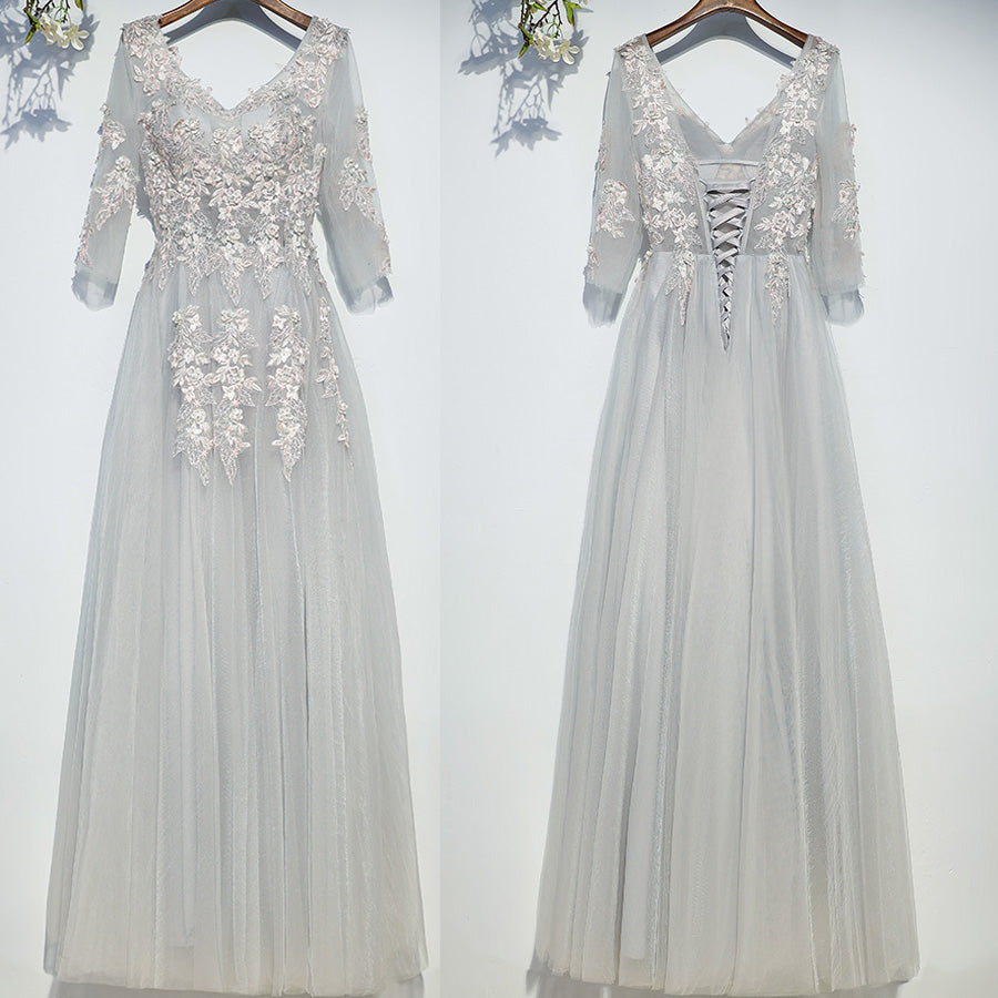 Elegant Long Sleeves Tulle Applique Light Grey Cheap Long Prom Dresses, BGP023 - Bubble Gown
