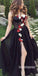 Spaghetti Strap Halter Side Slit Black Long Prom Dresses with Flowers, BGP222