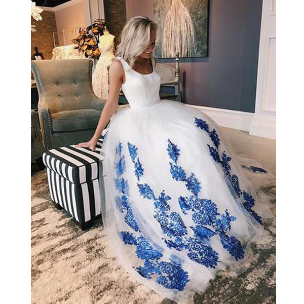 Popular On Sale Formal A Line Elegant Blue Applique Long Prom Dresses, BGP216